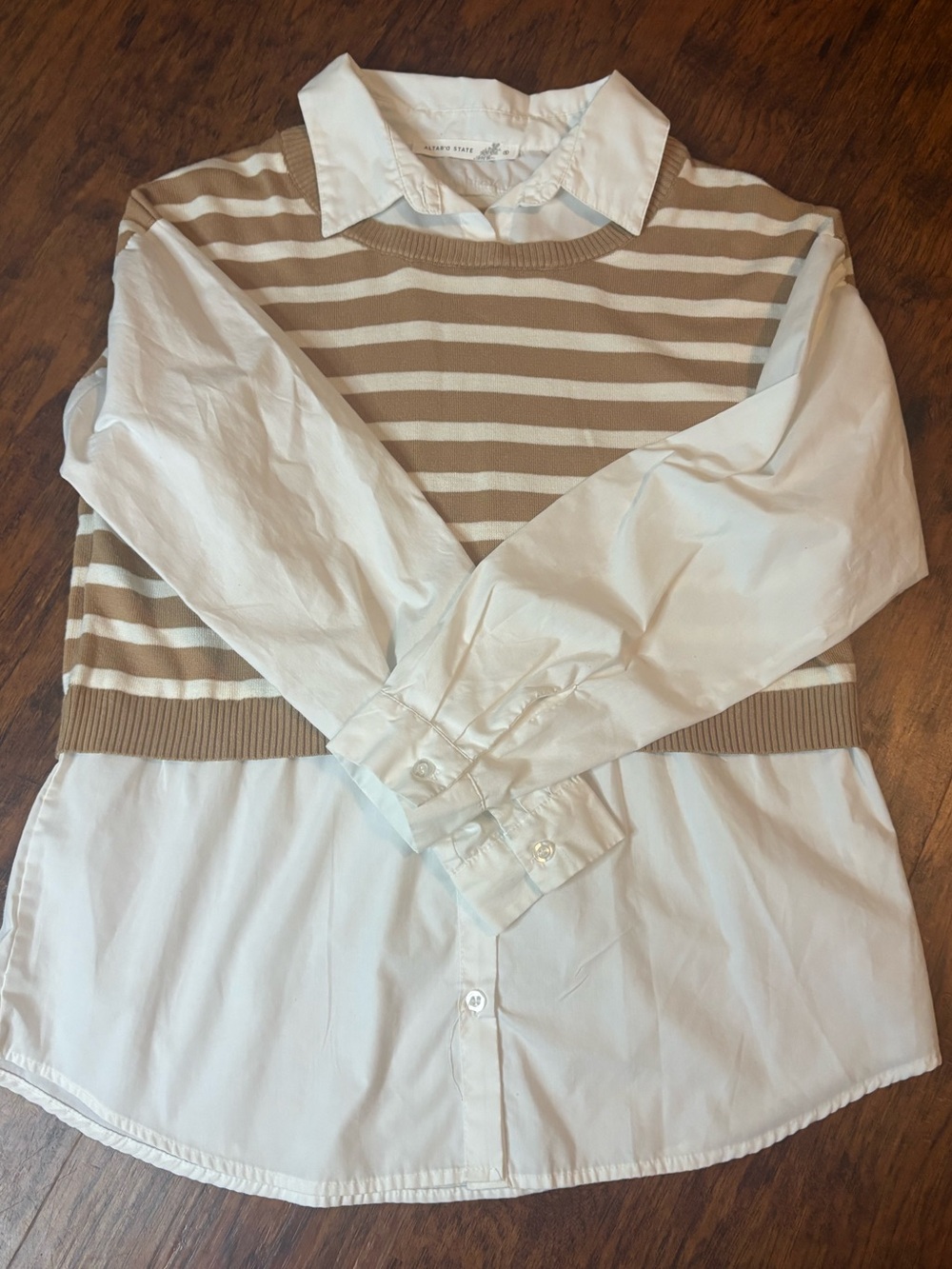 Altar'd State Beige & White Striped Knit Vest Button-Down Shirt